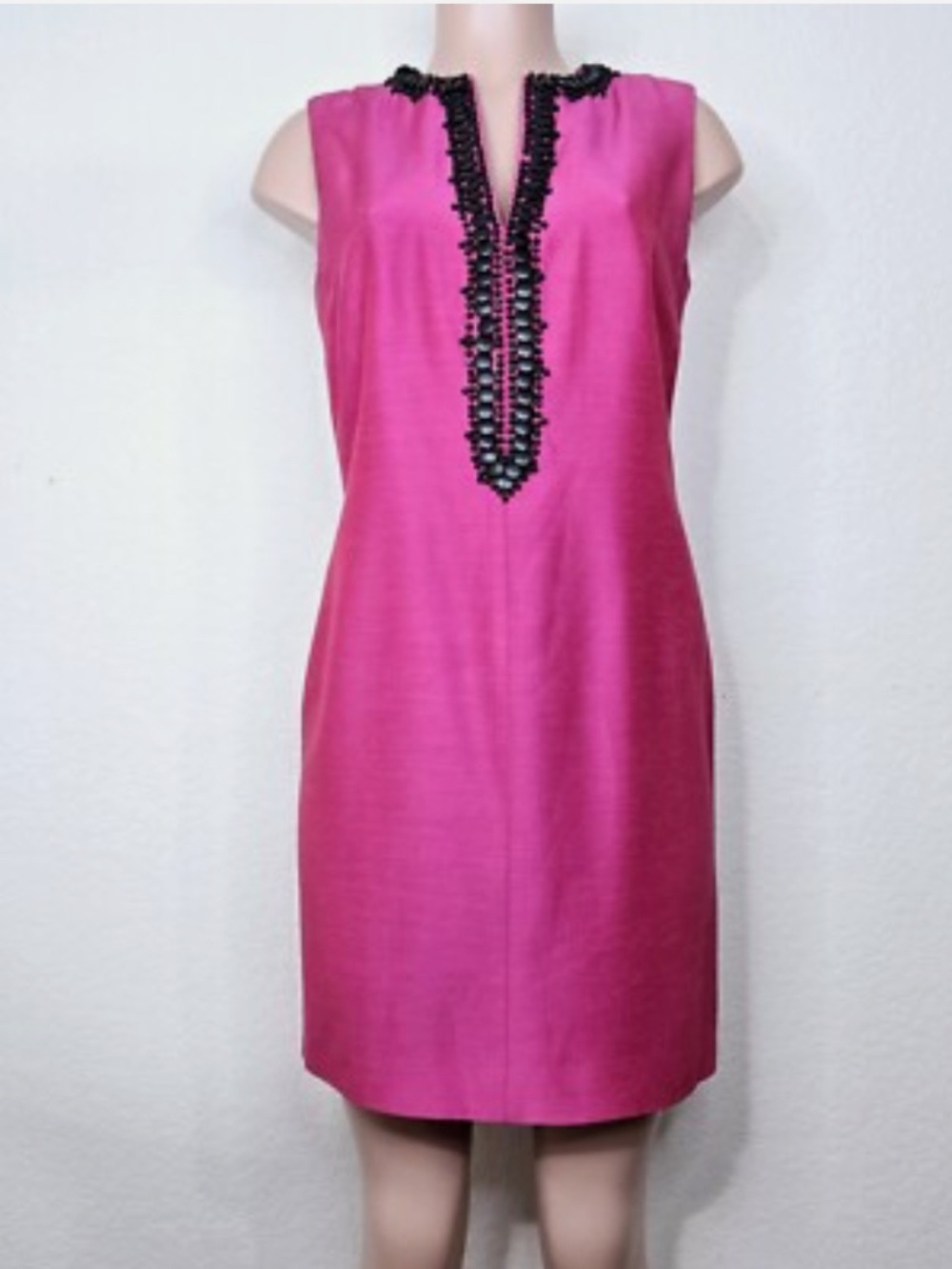 Sherrie Bloom Chetta B Hot Pink Midi Dress with Black Beaded Trim; NWOT, size 12